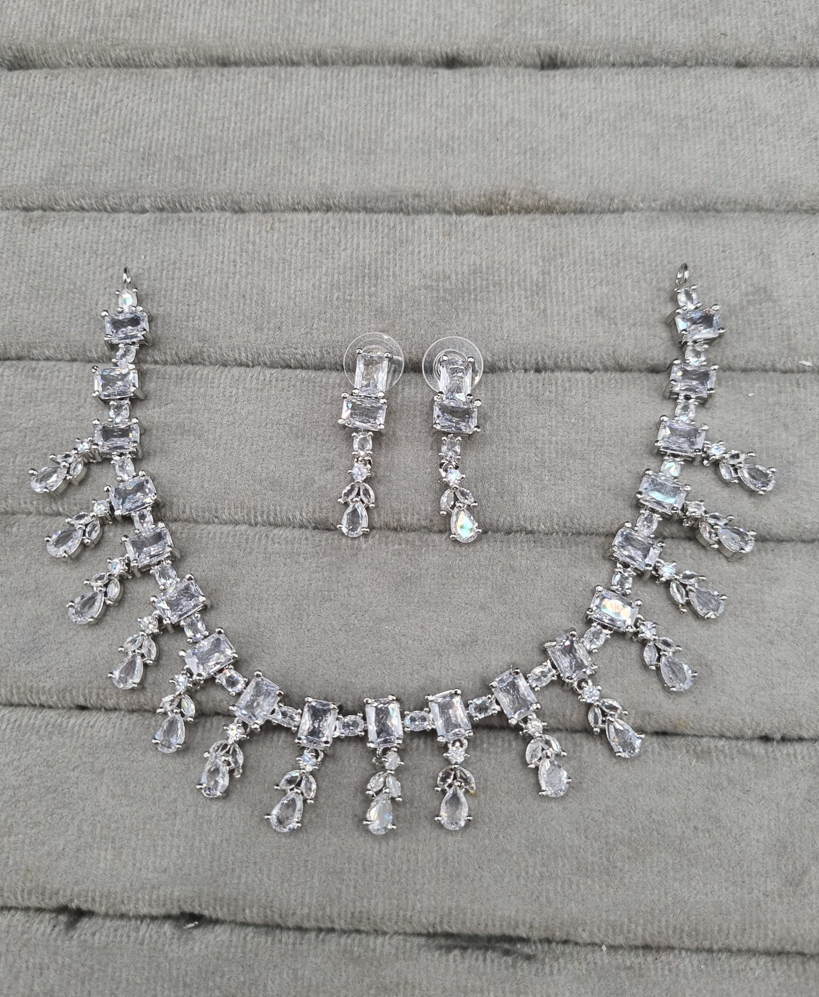 Art Deco Baguette & Teardrop CZ Necklace Set with Matching Drops